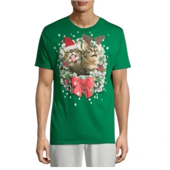 Holiday Time Green Christmas Cat Ugly Christmas Sweater Alternative Cool T-shirt - Picture 1 of 2